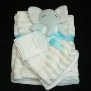 Lexy & Friends White Gray Blue Line Stripe Baby Blanket Elephant Security NEW