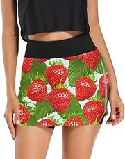 [RPLIFE] Vibrant Strawberries Red Golf Athletic Skirt, Women Summer Skirts, Elastic Waist Skorts Women