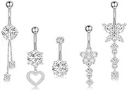 [sylbx] 5 pieces surgical steel silver, piercing belly button jewellery, belly button piercing, zirconia, stainless steel piercing belly button, barbell silver piercing, bar length surgical steel,