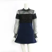 在飛比找momo購物網優惠-【SELF-PORTRAIT】長袖雪紡立領藍裙短洋裝(黑色)