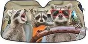 Three Funny Raccoon Front Windshield Sun Shade for SUV Trucks Car, Animals Trip Accordion Folding Auto Front Window Sunshade Visor Shield Cover Protector 55x27.6 Inch