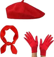 [KHDULQ] 3 Pieces Beret Hat Women's Red Suit, French Beret Hat, Fashionable Classic Artist Hat, Silk Scarf, Red Hat, Artist Costume, 70 x 70 cm + Gloves, Pantomime Costume Carnival, red, 58