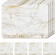 Moderry Set of 4 Heat Resistant Cork Placemats for Dining Table with Free Set of 4 Matching Drink Coasters Marble Design 16 x 12 Inches Cork Backed Hard Placemats (Foiled Gold)