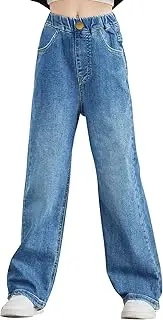 [FEOYA] Girls Jeans Kid Denim Pants Loose Wide-leg Ripped Pant Child Baggy Trousers Outfits Elasticated High-waisted Straight Jeans Light Blue Fashion Casual Age 5-15 Years