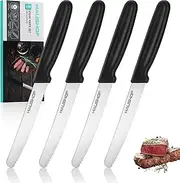 HAUSHOF Steak Knives Set of 4, Sharp Serrated Steak Knives, Premium Stainless Steel Steak Knife Set with Gift Box, Black Handle