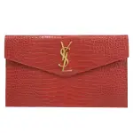 【YSL】金屬LOGO鱷魚紋小牛皮信封造型大手拿包晚宴包(紅 大款)