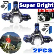 2PCS 100000LM Headlamp Rechargeable Zoomable Headlight LED Head Torch 3 Mode