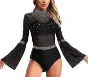 [Generic] Women's Figure Skating Gymnastics Performance Costume Flare Sleeve Sparkly Rhinestone Ballet Dance Leotard Dancewear