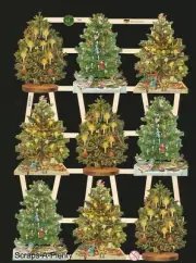 German Embossed Vintage Style Scrap Die Cut - Colorful Christmas Trees EF7396