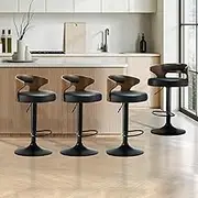 Oikiture Bar Stool Set of 4 Home Kitchen Barstools with PU Leather Seat and Gas Lift Barstools in 57-77cm Height and Footrest Swivel Chair Set for Home Bar Dining Room, Black