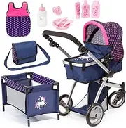 Bayer Design 18354AC Huge pram Jogger Sport, Dolls Stroller, Height Adjustable, Mega Set with Lots of Accessories, Travel Bed, Shoulder Bag and Much More