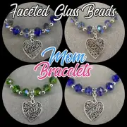 MOM Handmade Elastic Silver Charm Bracelet with Glass Multi-Faceted Beads ✨ NEW