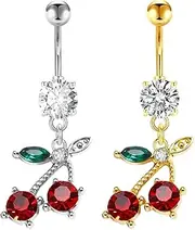 [FLOGWE] 14G Stainless Steel CZ Crystal Dangling Cherry Belly Button Ring for Women