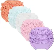 [Poocen] 5 Pack Ruffle Diaper Cover - Baby Bloomers, Cute Cotton Baby Girl Shorts,Ruffled Tiered Bloomers Elastic Briefs for Toddler Girls