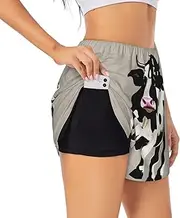 [WURTON] Cow Black spot Print Exercise Gym Workout Shorts Women's Athletic Shorts Dual-Layered Yoga Running Shorts