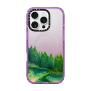 iPhone 16 Pro Impact Case MagSafe Compatible WOODLAND RETREAT 4, FOREST TREES GREEN AQUA TEAL NATURE MOUNTAINS PAINTING