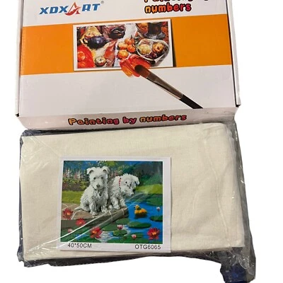 XDX ART Painting By Numbers Canvas Art Kit W/paints,Paint Brushes 2 White Pups
