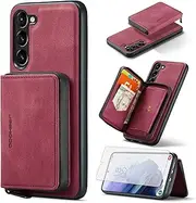 Phone Case for Samsung Galaxy S23 5G Wallet Cover with Tempered Glass Screen Protector and Credit Card Holder Zipper Stand Leather Cell Accessories S 23 23S GS23 G5 SM-S911U 6.1 inch Women Red