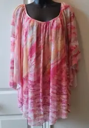 NWT One World Chiffon Overlay Top Ruffle Pink Blouse Women 3 XL