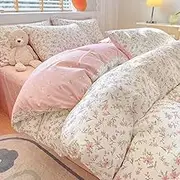 Vintage Style Pink Floral Duvet Cover Queen Cotton Garden Flower Duvet Cover Girls Cute Floral Bedding Set Chic Botanical Comforter Cover with 2 Pillowcases White Floral Duvet Cover with Zipper Ties