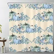 NEONWE Fall Pumpkin Shower Curtain Blue Farm Pumpkins with Eucalyptus Leaves on Beige Background Shower Curtain for Bathroom Harvest Leaf Plant Bathroom Shower Curtain with Hooks, 69X70 Inch