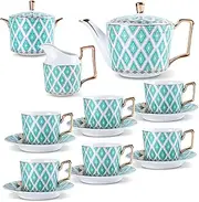 21-Pieces Porcelain Tea Set, Bone China Coffee Tea Set with Teapot, Sugar Bowl, Creamer Pitcher, Coffee Cup/Teacup, Saucer and Spoons, Royal Albert Tea Set for Adults, British Tea Set for Tea, Coffee