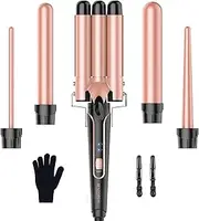 5 in 1 Wave Iron Set - Includes 3 Ceramic Barrels to Create Big Waves Including Temperature Setting, Quick Heat and Glove, 2 Clips, Rose Gold