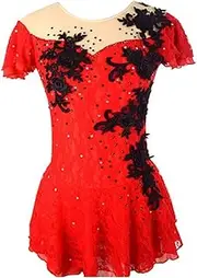 [Zagitova] Short Sleeve Figure Skating Dress for Girls, Women's Lace Applique Decoration Ice Skating Costume