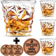 Diamond Whiskey Glasses - Set of 4 - by Vaci + 4 Drink Coasters, Crystal