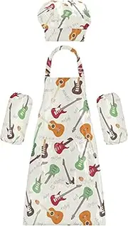 AIXIWAWA Kids Apron Chef Hat Set, Child Kitchen Bib Aprons Adjustable for Cooking Baking Painting (Colorful Cartoon Guitars)