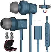 USB C Headphones Wired, Type C Earbuds for iPhone 16 15 Pro Max Galaxy S25,Noise Cancelling Magnetic Earbuds with Microphone Volume Control for Samsung S25+ S24 S23 Ultra, for Pixel 8 7, Lake Blue