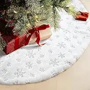 Christmas Tree Skirt, 48 inches Large White Soft Plush Tree Skirt, Luxury Faux Fur Gold Silver Snowflakes Xmas Tree Cover Decor for Christmas New Year Party (Silver Snowflakes)