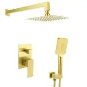 Brushed Gold Square 8/10" Rain Shower Head 3 Mode Handheld Rose 400mm Straight Arm 2in1 Set