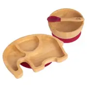 Children's Bamboo Elephant Plate, Bowl, Spoon & Suction Cups Eco-friendly Red