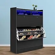 Luxsuite Shoe Storage Cabinet 45 Pairs Wooden Shoe Rack Organiser 3 Tier Adjustable Shelves with RGB Light Black