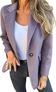 [Chartou] Women Solid Color Blazer Wool Blend Causal Business Office Open Front Short Jacket Pea Coat