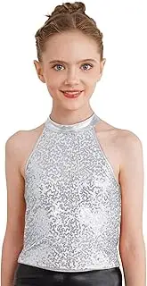 [Jugaoge] Girl's Shiny Sequin Sleeveless Halter Backless Crop Tops Modern Jazz Hip Hop Dance Tanks Shirt