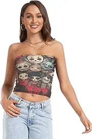 [RPLIFE] Halloween Horror Crop Tube Tops for Women, Trendy Crop Tops, Mesh Tube Tops, Beach Tube Tops (S)