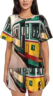 [FSCEV] Lisbon Tram Pattern Women'S Short-Sleeved Pajama Pants Casual Loose And Comfortable Summer Shorts Set, Black, Medium Short