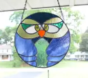 Handmade One of a Kind Stained Glass Blue Bird Owl Round Cute!