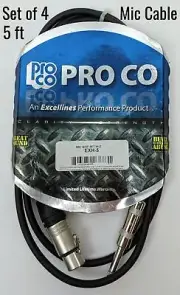 Pro Co XLR 3-Pin Female to 1/4" Male Microphone Mic Cable Cord 5ft Set of 4