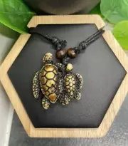 16-30” Adjustable Black Cord Bead Necklace & 1.5” Acrylic Pendant Turtles B3512
