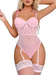 [Lilosy] Sexy Strappy Garter Underwire Mesh Babydoll Teddy Bodysuit Lingerie (No Stocking)