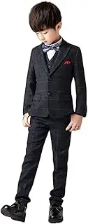 [Kromoc] Boys' Checked Three Pieces Suit Single Breasted Button Jacket Vest Pants Tuxedos Graduation Party