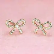 1 Ct Round Moissanite Push Back Ribbon Bow Stud Earrings 14k Yellow Gold Plated