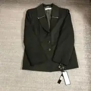 New Tahari Jacket Womens 16 Suit Jacket Green Black Three Button Blazer Ladies