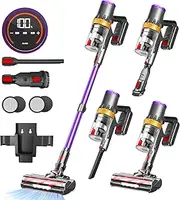 Cordless Stick Vacuum Cleaners 45KPa/550W with Upto 90Mins Runtime | RFAQK Upright Vacuum Cleaner with 2 Hepa Filters-Wall Mounted-Touchscreen-Anti-Tangle Brush (Purple)