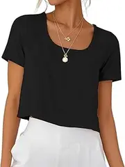 [IDEALSANXUN] Womens Short Sleeve Linen Shirts Casual Spring Summer Scoop Neck Cute Crop Blouse Tops