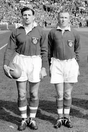 RUGBY LEAGUE OLD PHOTO Gus Risman Johnny Lawrenson Workington Town 1952