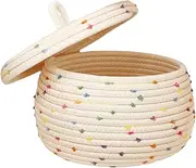 Woven Cotton Rope Basket, A Cute Storage Organizer with Lids, Decorative Round Storage Basket, Colorful Rainbow Pom Poms for Storing Yarn, Keys, Toys